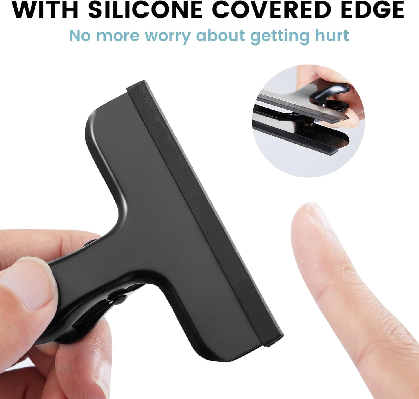 HOUSE AGAIN 8 Pack Stainless Steel Chip Bag Clips Covered with Silicone - NO More Sharp Edges - Color Coded for Food Bags - Air Tight Seal, Heavy Duty for Kitchen and Office, 3 Inches Wide, Black