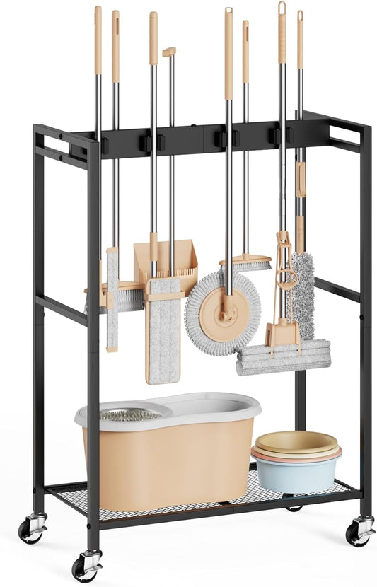 BORISI Broom And Mop Holder, Movable Broom Closet Storage Cabinet, Cleaning Cart with Mop Hanger Gripper Rack, Janitorial Cart, Utility Carts, Laundry Room Organization Home Essentials