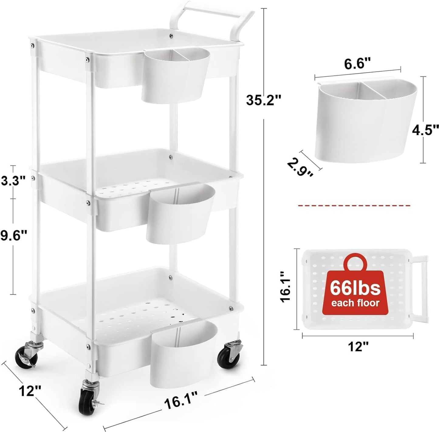 3-Tier Utility Rolling Cart,Mobile Utility Cart with Lockable Caster Wheels,Storage Shelves Organizer Cart, 3 Hanging Baskets, Easy Assembly,for Bathroom, Kitchen, Office, Workshop