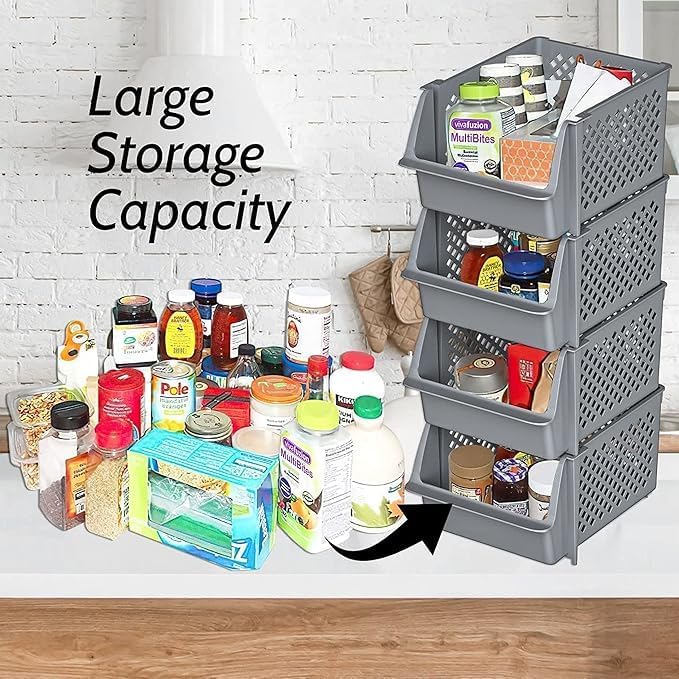 Skywin Plastic Stackable Storage Bins for Pantry - 12 Pack Stackable Bins For Organizing Food, Kitchen, and Bathroom Essentials (Light Grey)