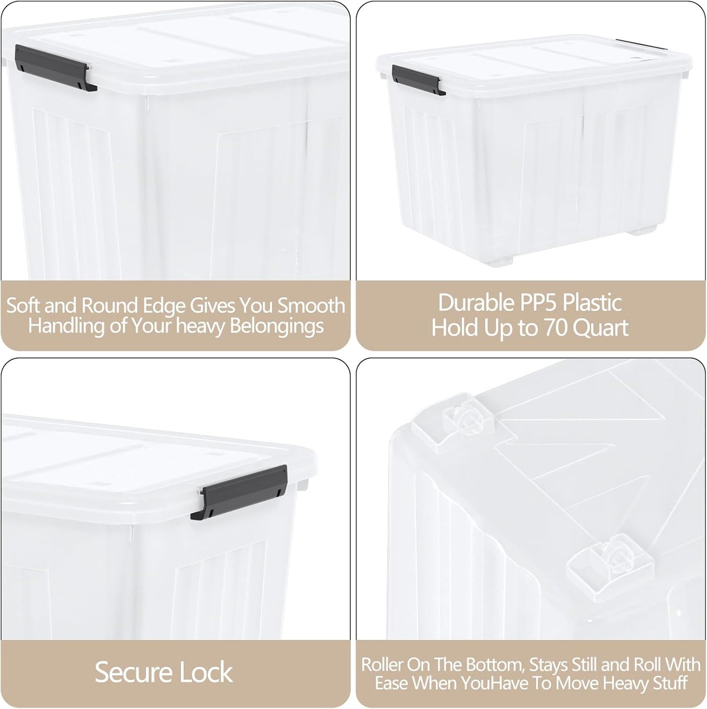 Zopnny 70 Qt Large Plastic Storage Box with Wheel, Clear Storage Latch Box with Lid, 4 Pack