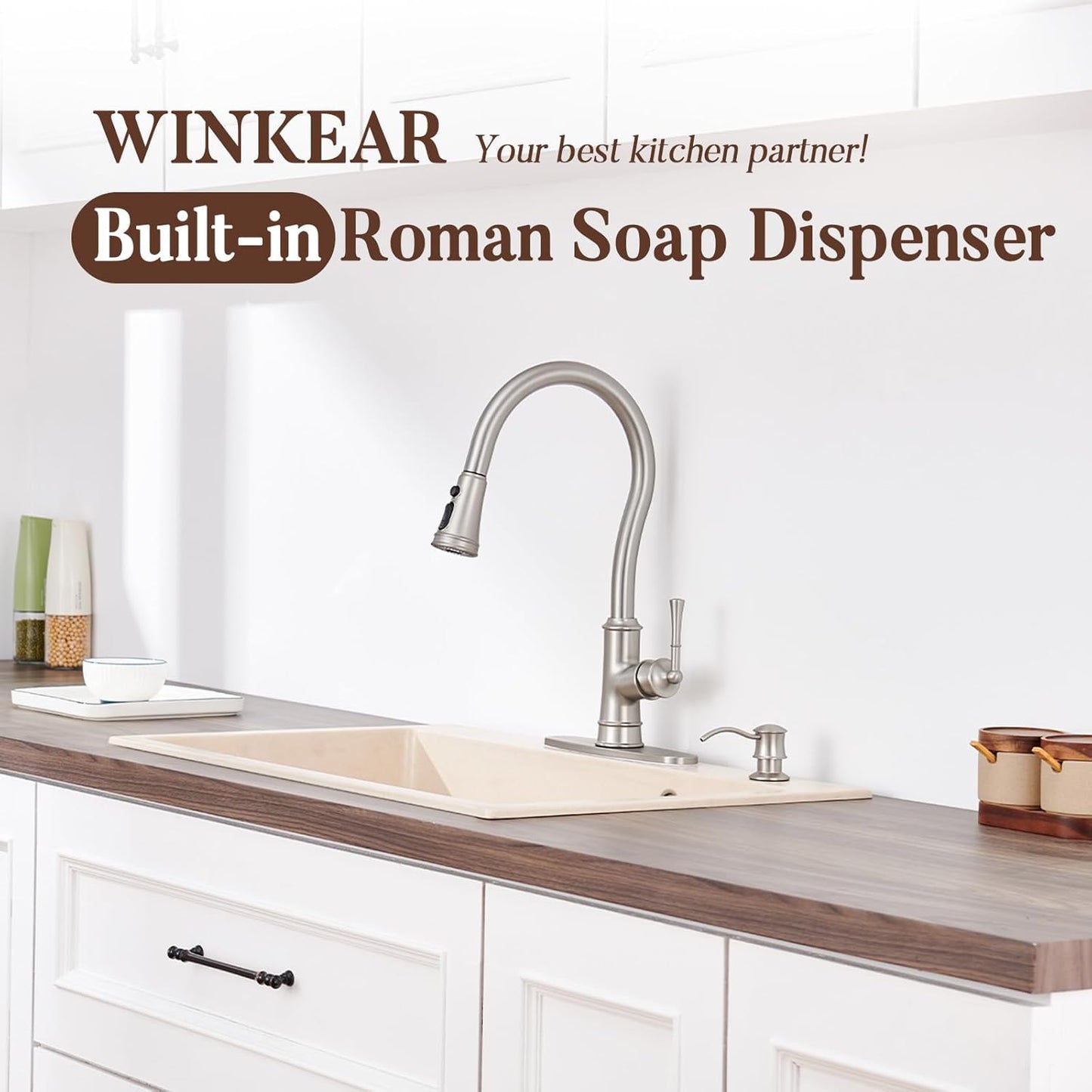 Built in Soap Dispenser for Kitchen Sink Countertop, Solid Brass Pump Head Long Spout with 10.2 Ounce PET Food Safe Material Lotion Bottle, Brushed Nickel Finish