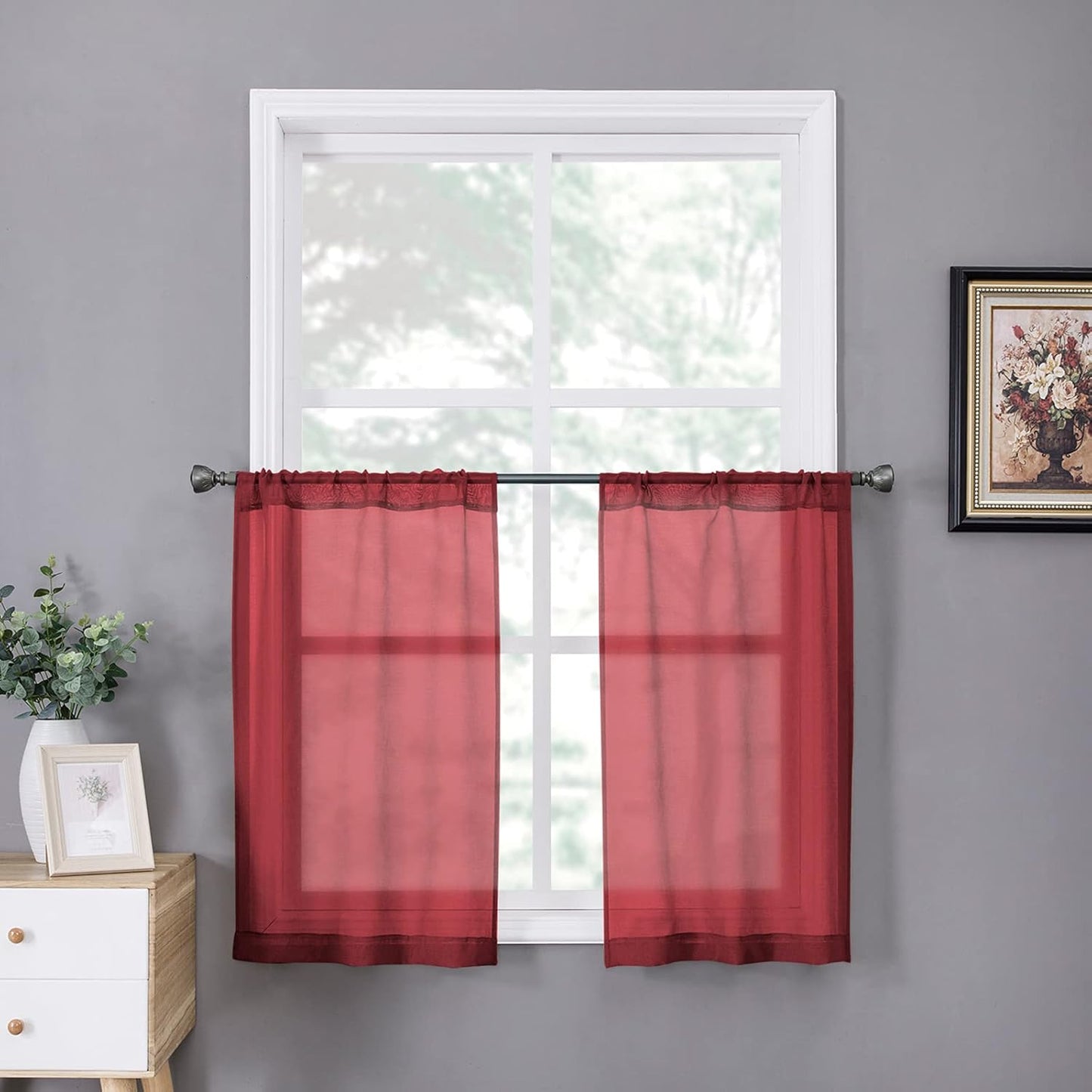 Tollpiz Short Sheer Tier Curtains Linen Textured Half Kitchen Curtain Sheers Light Filtering Rod Pocket Voile Small Curtain for Bathroom, 25 x 24 inches Long, Burgundy Red, Set of 2 Panels