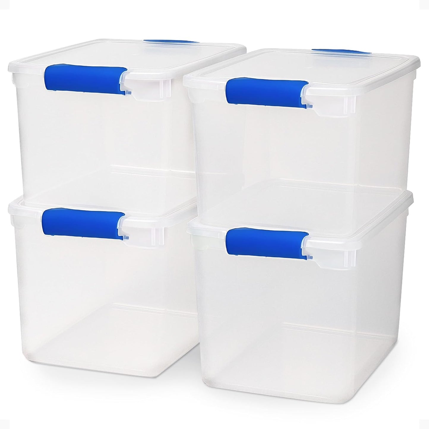 HOMZ 4-Pack Latching Lid, Large Clear Plastic Storage Bins with Lids, 31 Quart, Blue Latch - Stackable Container Boxes for Home, Bathroom, and Office Organization
