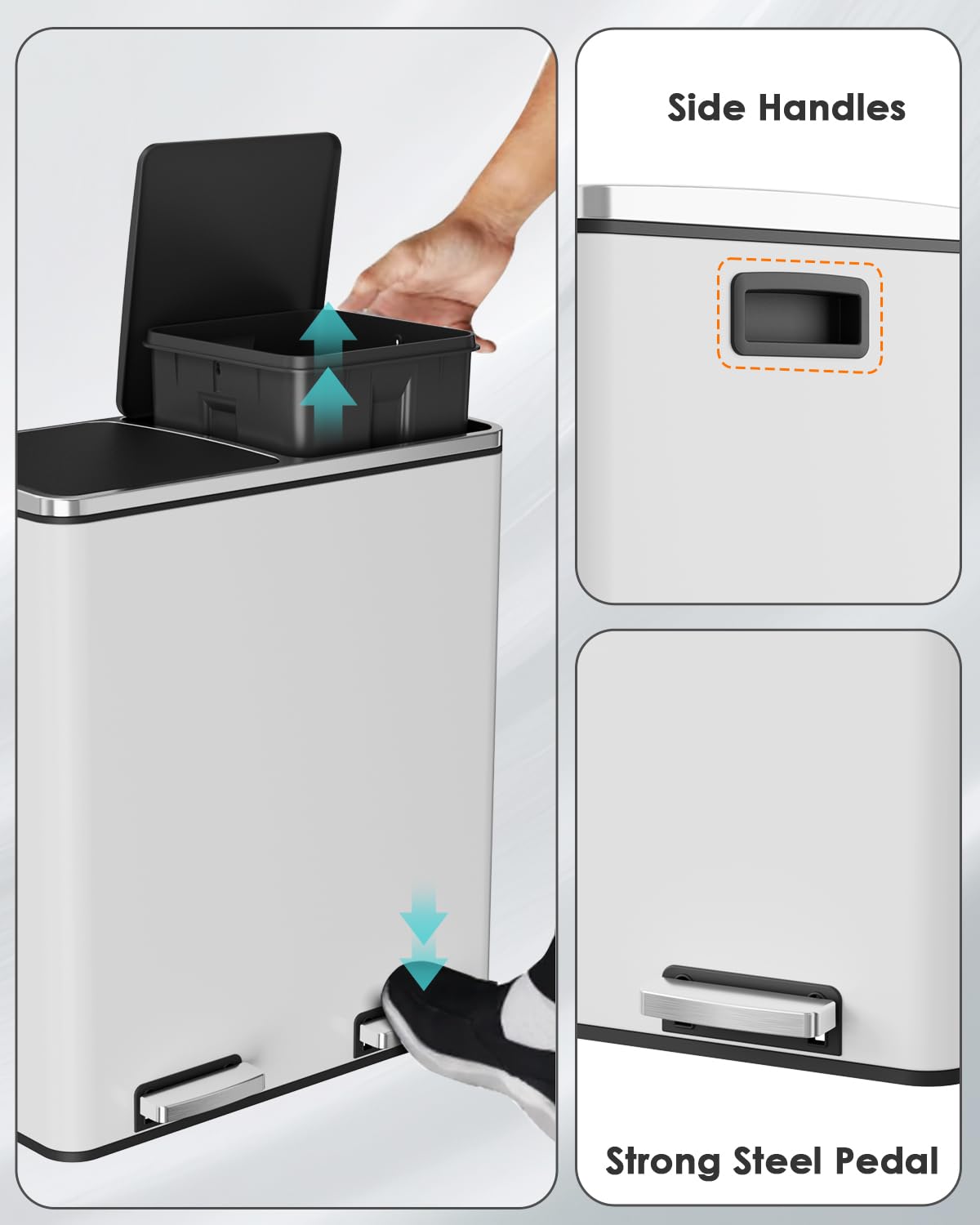 Arlopu 16 GallonStainless Steel Trash Can, 60L Dual Compartment, Metal Kitchen Step Recycle Bin, Metal Double Dustbin, in-Home Garbage Rubbish Can W/Removable Liner Buckets (White)