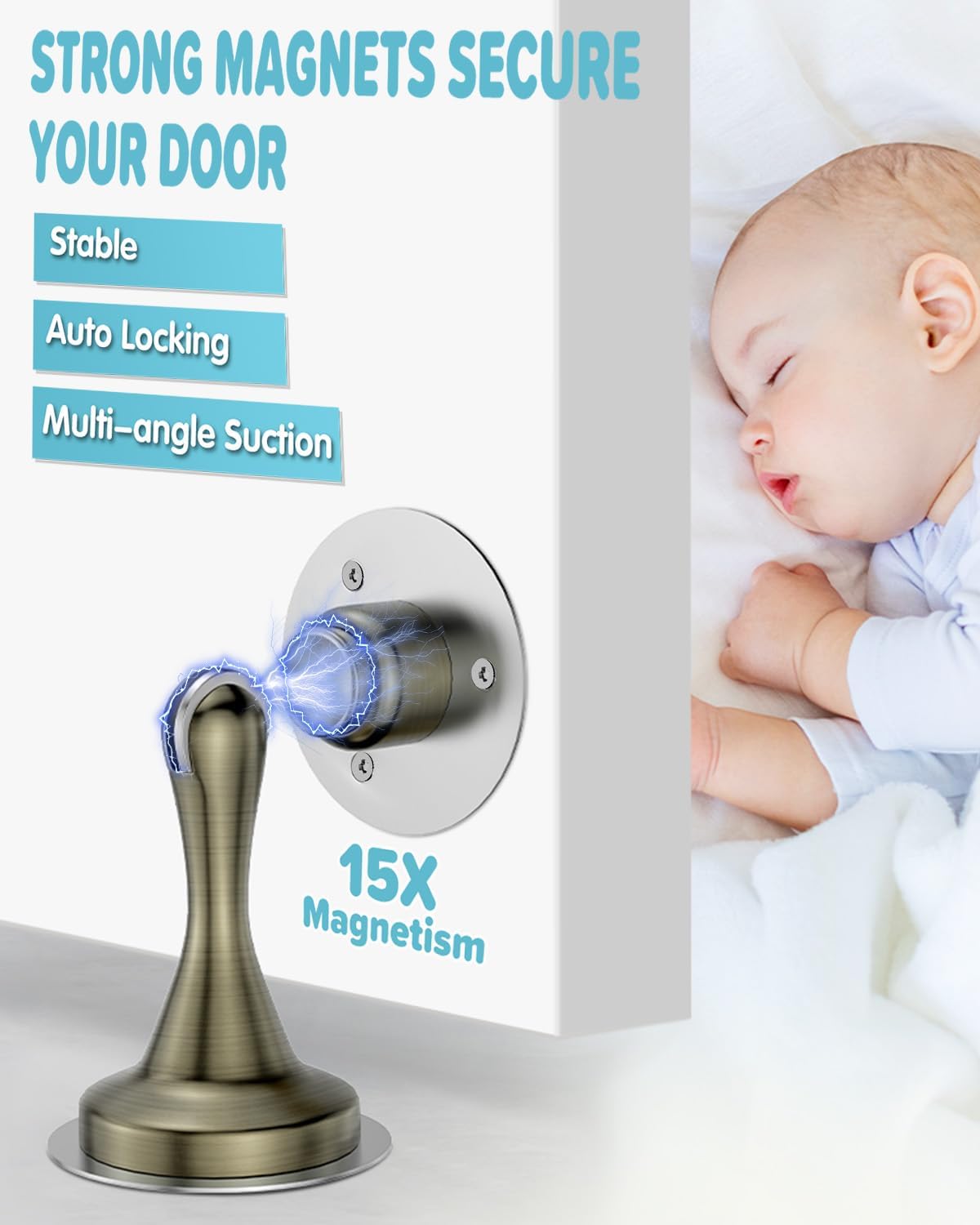 Door Stoppers Magnetic Door Catch - 6 Pack Stainless Steel Heavy Duty Door Stops for Bottom of Door, Wall & Floor Mounting No-Drill Strong Adhesive & Screws, Strong Door Holder to Keep Door Open