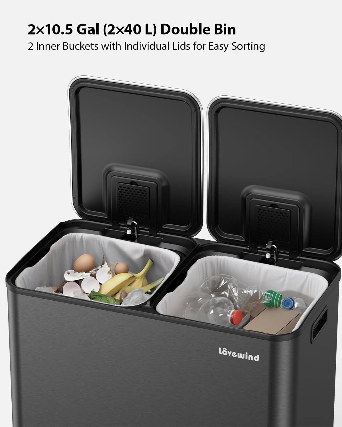 Lovewind Trash Can, 2 x 10.5 Gallon (2 x 40 L) Garbage Can for Kitchen Dual Compartment Recycling Kitchen Step Trash Bin, Stainless Steel Trash and Recycle Bin Combo with Soft-Close Lid, Black