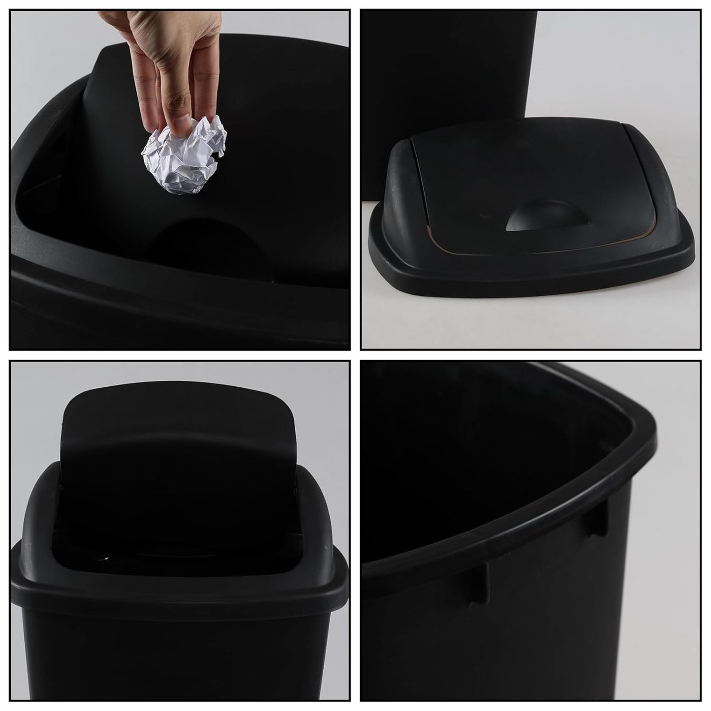 4 Pack Plastic Swing-Top Trash Can, 10 Gallon Plastic Kitchen Trash Can with Swing Lid, Black