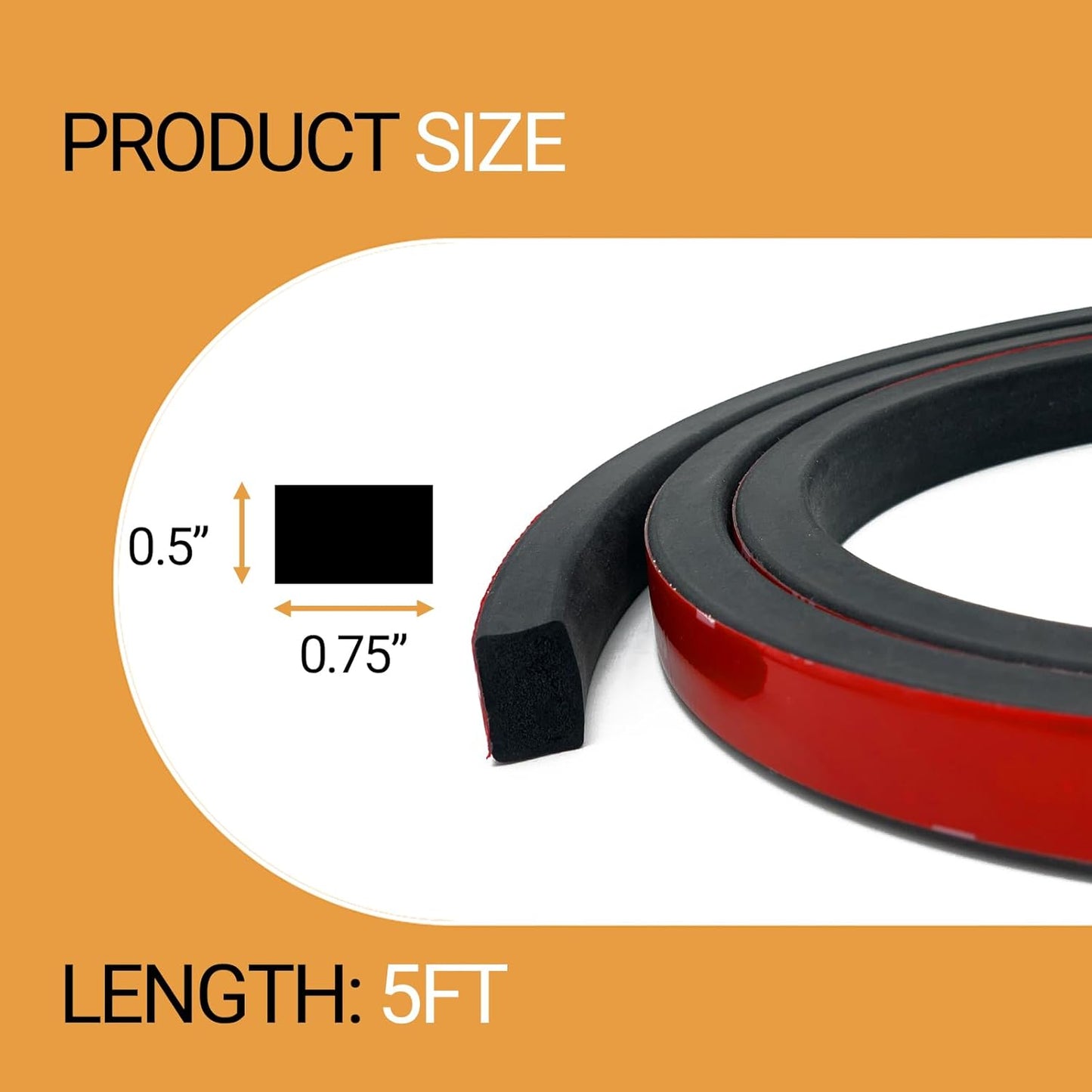 Rubber Weather Stripping, Rectangle Foam Seal Strip, Rubber Gasket for for Auto, Boat, Garage Door/Window, Machinery and More, W:0.75" x H:0.5", L:5Ft