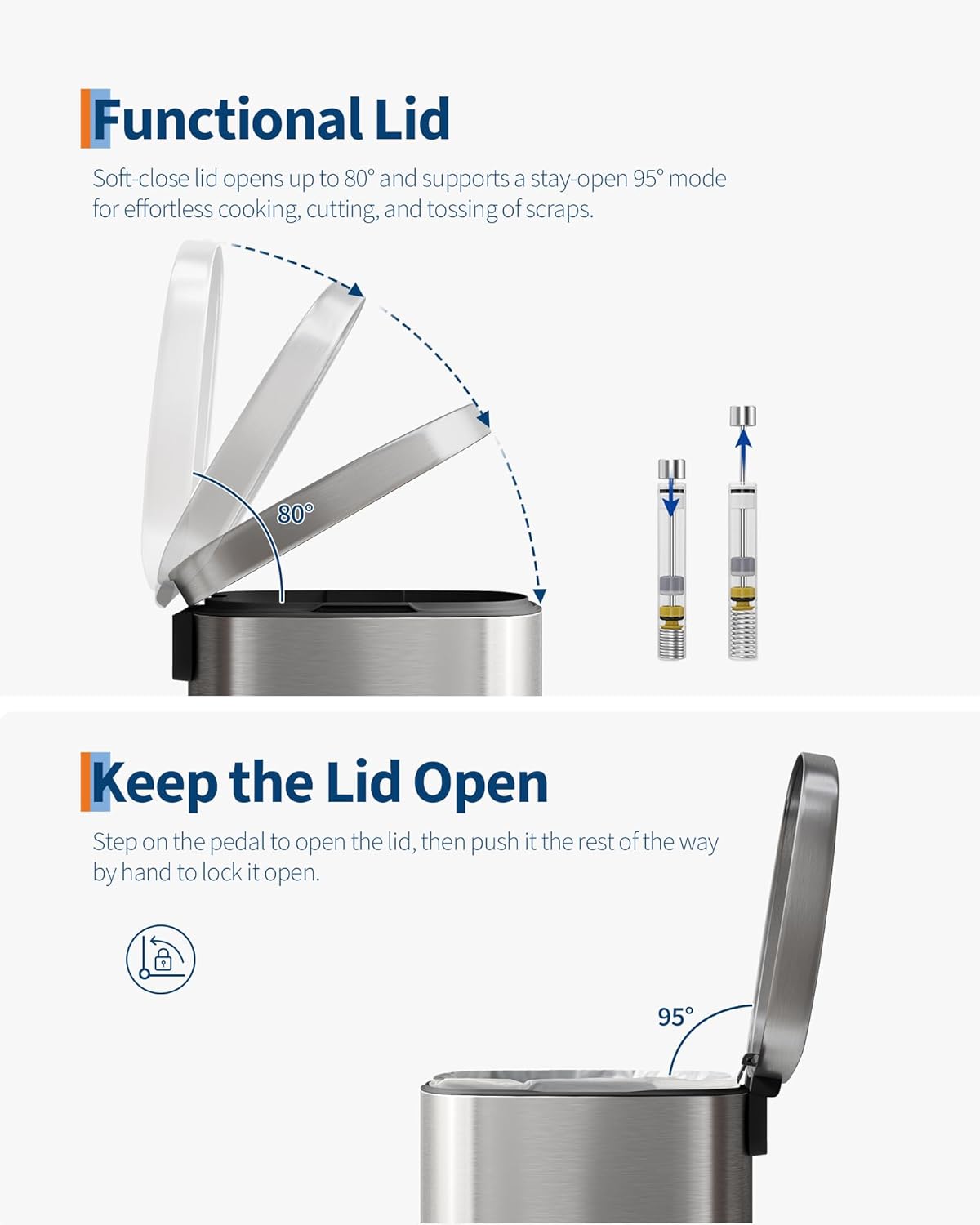 Garvee 13 Gallon / 50 Liter Stainless Steel Kitchen Trash Can with Lid, Large Rustproof Garbage Can for Kitchen, Step-on Metal Trash Bin with Inner Bucket, Rear Handle, Soft Close Lid, Silver