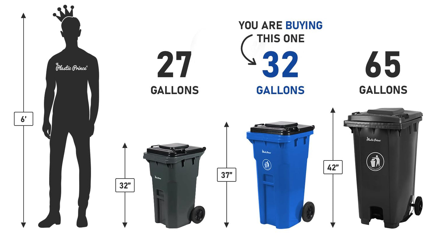 32 Gallon Trash Can Outdoor Recycling Bin with Lid and Wheels Heavy Duty Rolling Garbage Can with Lid Blue Recycle Bin with Wheels for Warehouses Hospitals Restaurants Offices