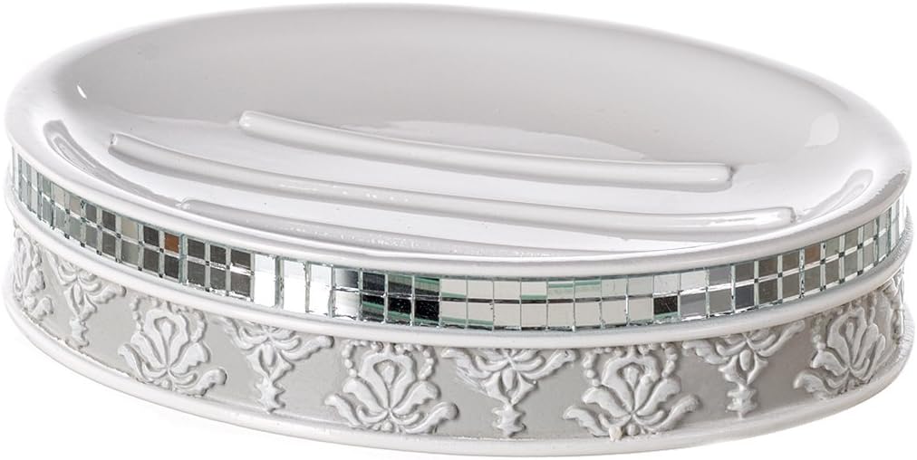 Creative Scents Mirror Damask Soap Dish for Bathroom, Decorative Dry Bar Holder, Best Dishes for Sink/Bath/Shower Decor (Gray & White)