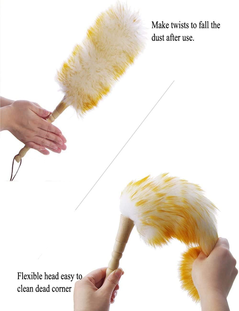 J&A Lambswool Dusters with Solid Wooden Handle, Flexible Head, Anti-Static, Comfortable Grips 17.8 inchs Long Feather Duster for Office, Home and Car etc.