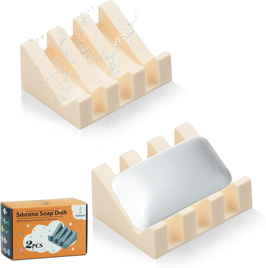 Silicone Soap Dish for Bar Soap Holder for Shower Bathroom Self Draining Waterfall Drying Tray Keep Soap Bars Dry Clean & Easy Cleaning (Cream White, 2)