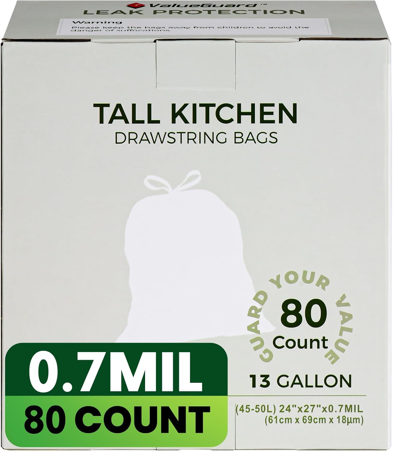 Large Trash Bag 13 Gallon Tall Drawstring 100% Post-Consumer Recycled Garbage Bag Waste Bag for Kitchen Office (80 Count, 0.7 Mil)
