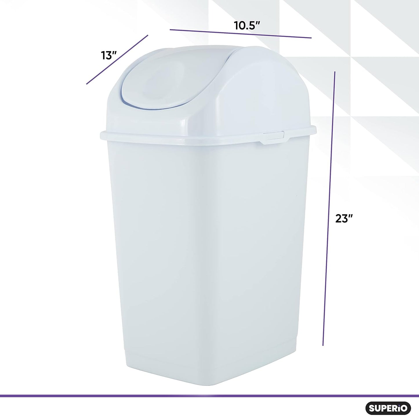 Superio Kitchen Trash Can with Swing Top Lid 9 Gallon Slim Waste Bin 37 Qt Sturdy Plastic Garbage Can Medium Recycling Bin for Office, Bathroom, Under Counter, Dorm, Bedroom (White-2 Pack)