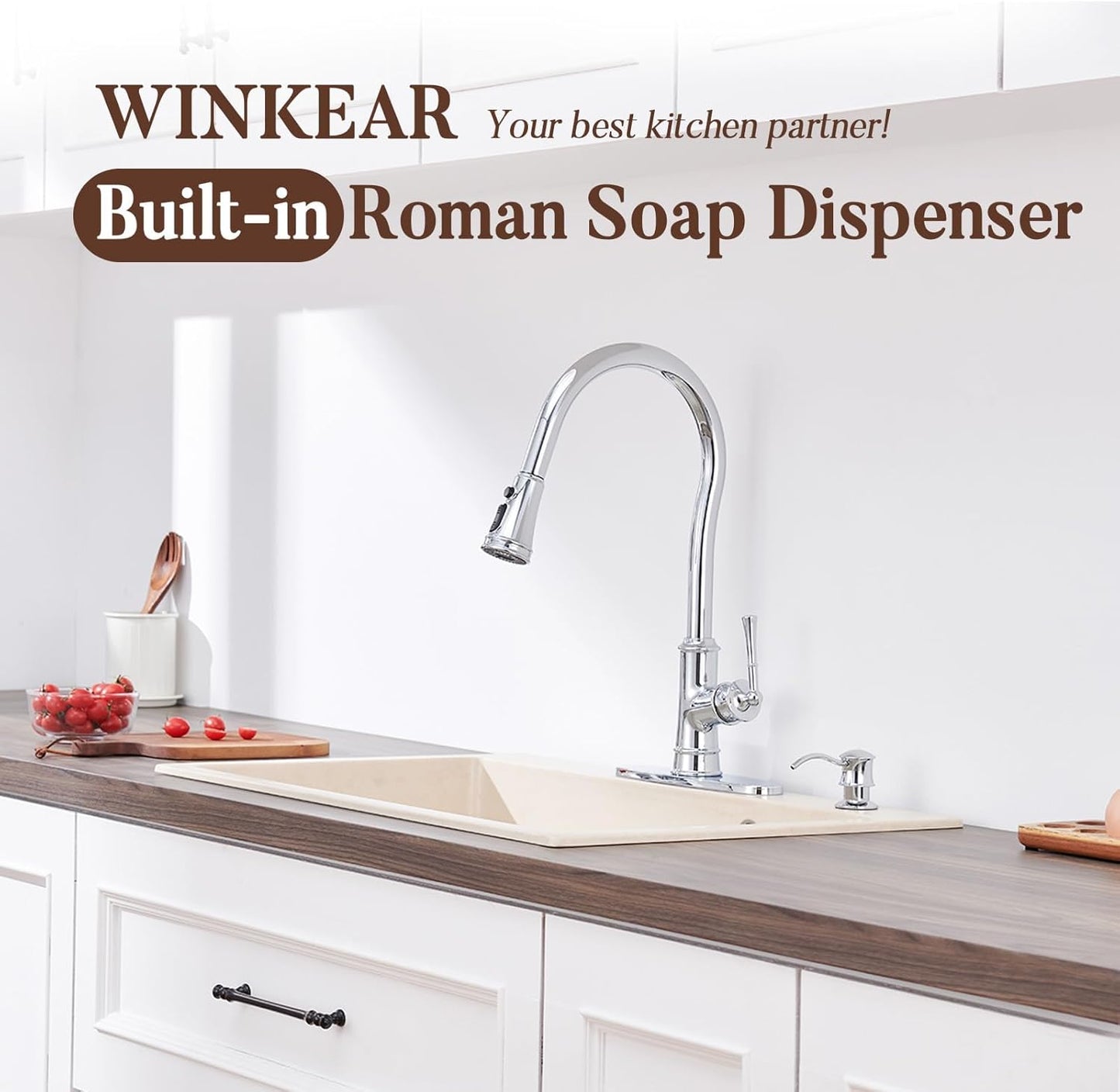 Built in Soap Dispenser for Kitchen Sink Countertop, Solid Brass Pump Head Long Spout with 10.2 Ounce PET Food Safe Material Lotion Bottle, Chrome Finish