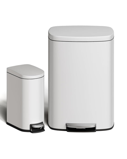 Garvee 13 Gal (50L) and 2.6 Gal (10L) Metal Trash Can Combo Set, Rustproof Garbage Can with Lid, Step-on Trash Bin with Inner Bucket, Rear Handle, White