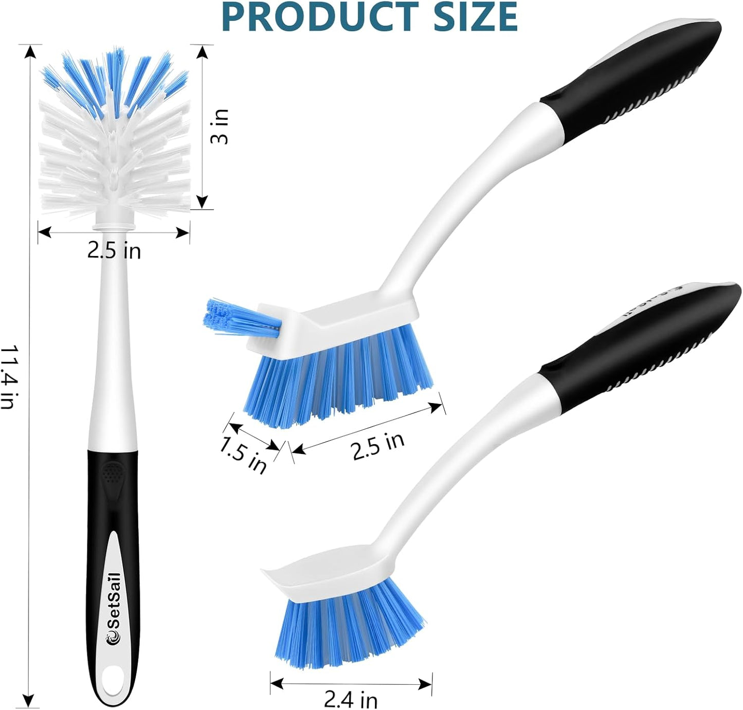 SetSail Dish Brush Set of 3 with Bottle Brush, Dish Scrub Brush with Long Handle Deep Cleaning Handle Brush with Scraper Tip for Kitchen Sink Dishes Bottle Cup Pot and Pans Tile Lines, Black Blue