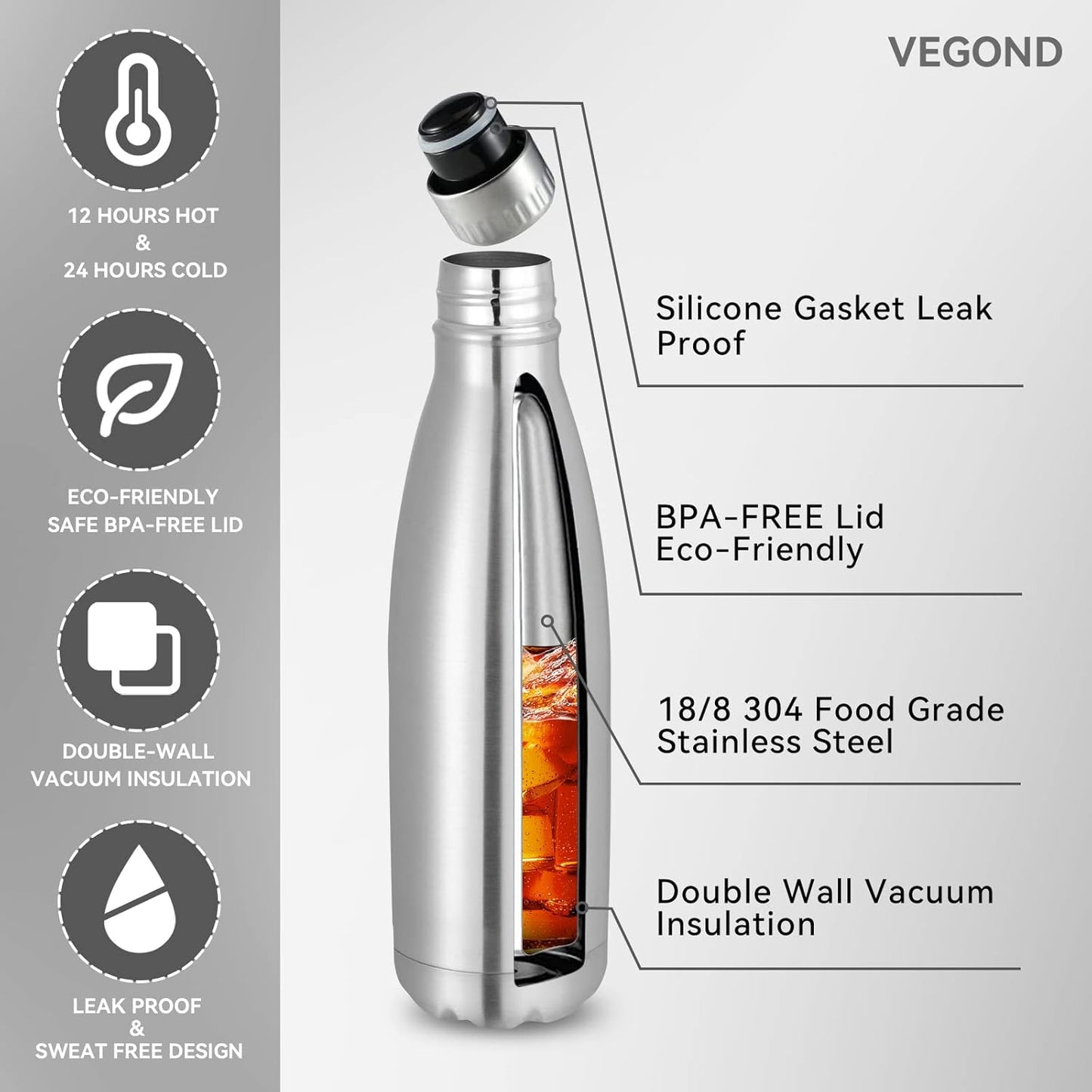 VEGOND 17oz Stainless Steel Water Bottles, Reusable Metal Sports Water Bottle Keeps Drink Hot and Cold, BPA Free Double Wall Vacuum Cola Shape Insulated Water Bottle for Camping Gym, 1 Pack