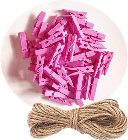 DurReus Small Wooden Clips Pictures Hanger with Twine Mini Colors Clothespins Attach Cards Wedding Party Decor Set of 50 Rose Red