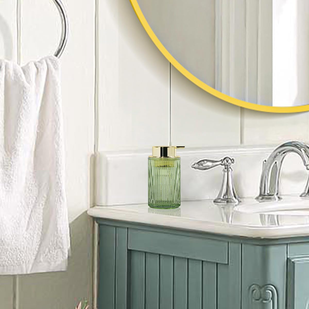 Green Foaming Soap Dispenser, 12 Oz Glass Foaming Hand Soap Dispenser with Gold Pump, Bathroom Refillable Liquid Lotion Container Pump Ribbed Bottle for Kitchen Bathroom Decor, 2pc