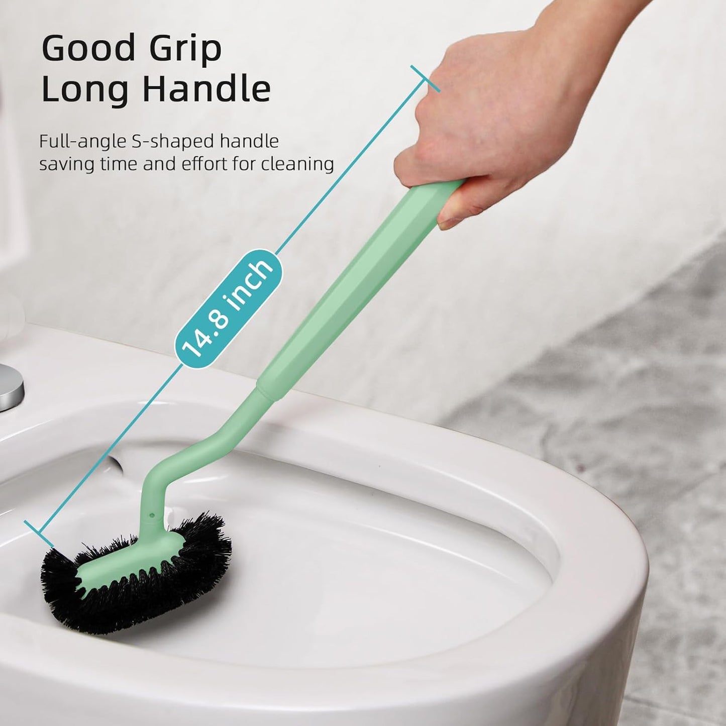 HAMITOR Toilet Bowl Brush Holder Set: Bathroom Deep Cleaning Toilet Cleaner Scrubber Under Rim with Curved Bristle for Dead Corner Clean - Hidden Rv Toilet Decorative Accessories with Caddy- Green