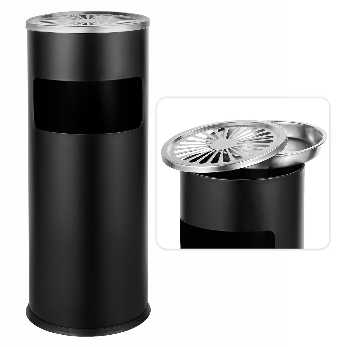 Trash Can Outdoor Waste Container Round Stainless Steel Trash Can with Removable Inner Bucket for Disposal Commercial Waste Container with Hollow Tray 9.8‘’ x 24‘’-Black