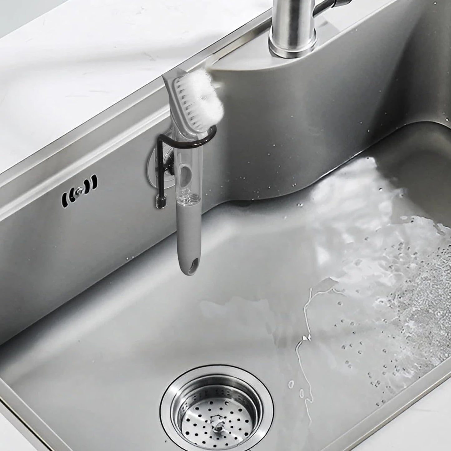 Sink Brush Holder, Magnetic Kitchen Sink Caddy Holder, Soap Dispensing Palm Brush Holder, Sink Drain Frame- Black