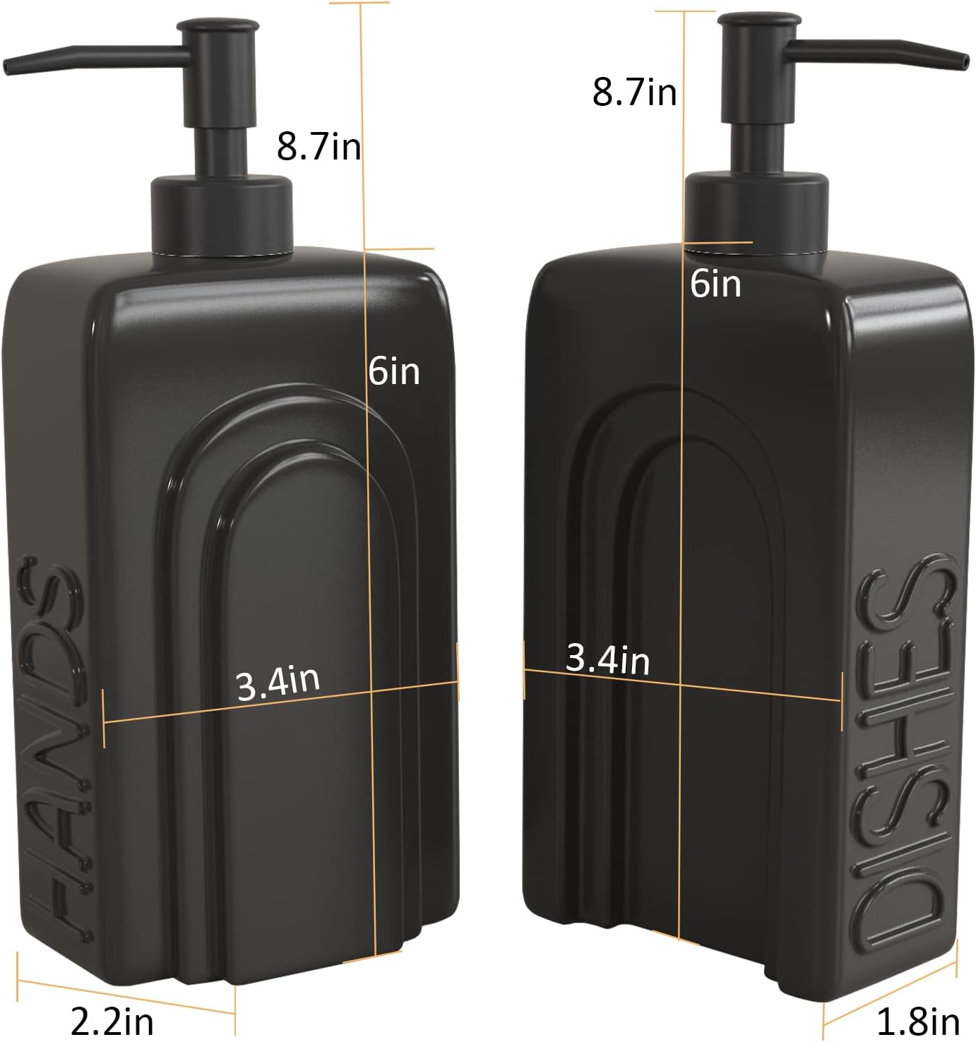 Ceramic Soap Dispenser Set, 2 Pack Kitchen Dispenser with Funnel, Non-Slip Silicone Pads, Liquid Hand and Dish Soap for Kitchen, Bathroom, Matte Black