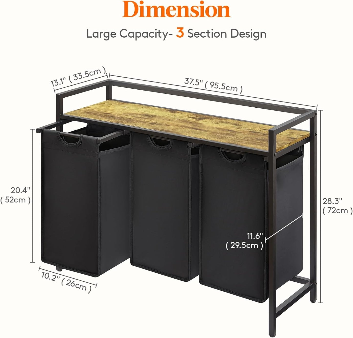 Lifewit Laundry Hamper 3 Section, 120L Pull out Laundry Clothes Basket Organizer with Large Top Shelf and 3 Removable Bags and Handles, Laundry Sorter for Laundry Room Bedroom Bathroom Dorm, Black