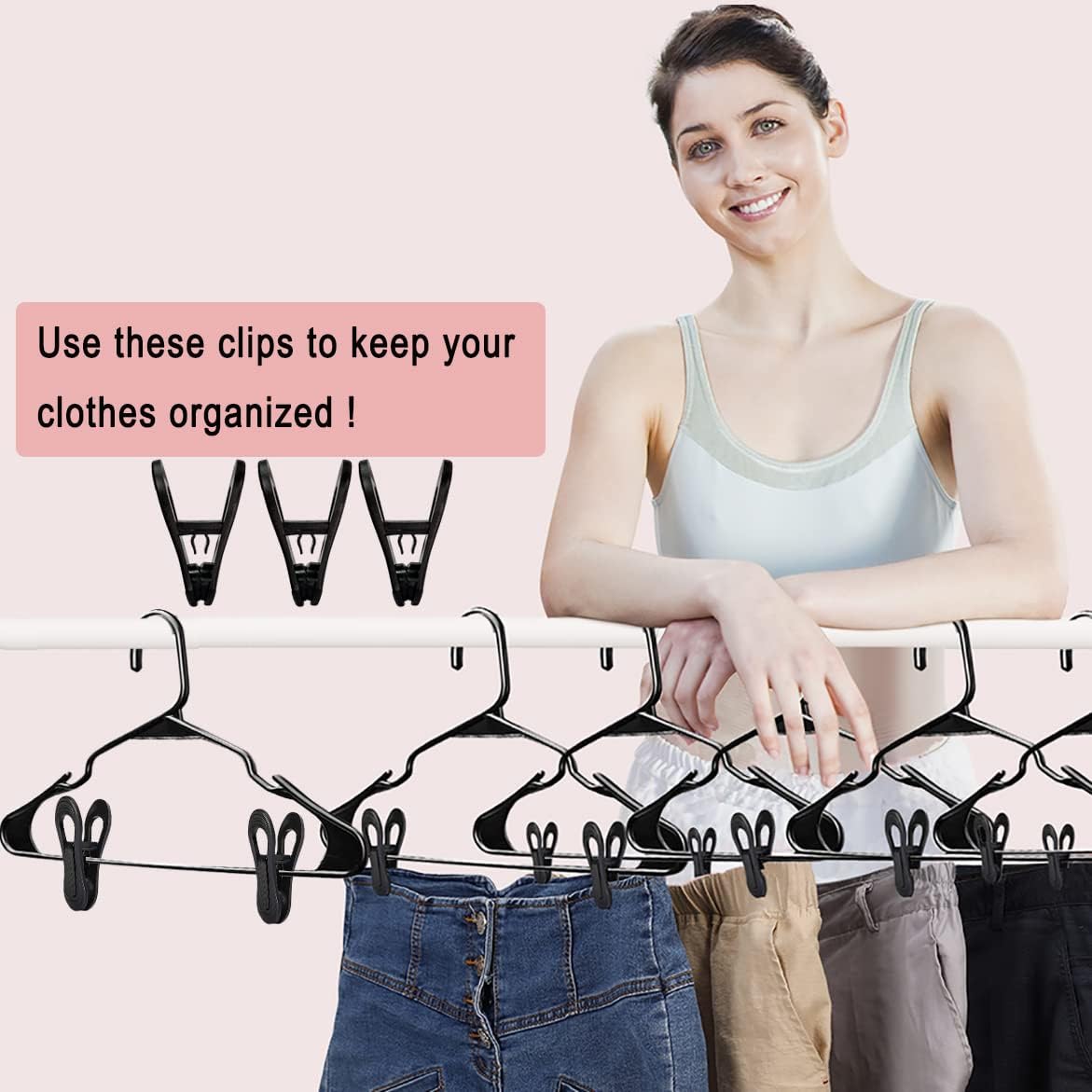 Black Hanger Clips 60 PCS, Multi-Purpose Plastic Clips Perfect for Plastic Hangers Velvet Hanger, Finger Clips for Skirt Pants Hangers