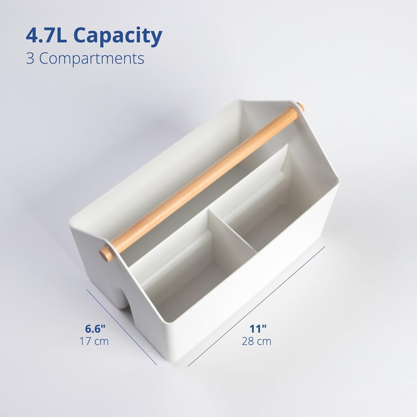 BLUE GINKGO Medium Storage Basket – Plastic Caddy with Wooden Handle for Office, Arts & Crafts, or Home Supplies (White)