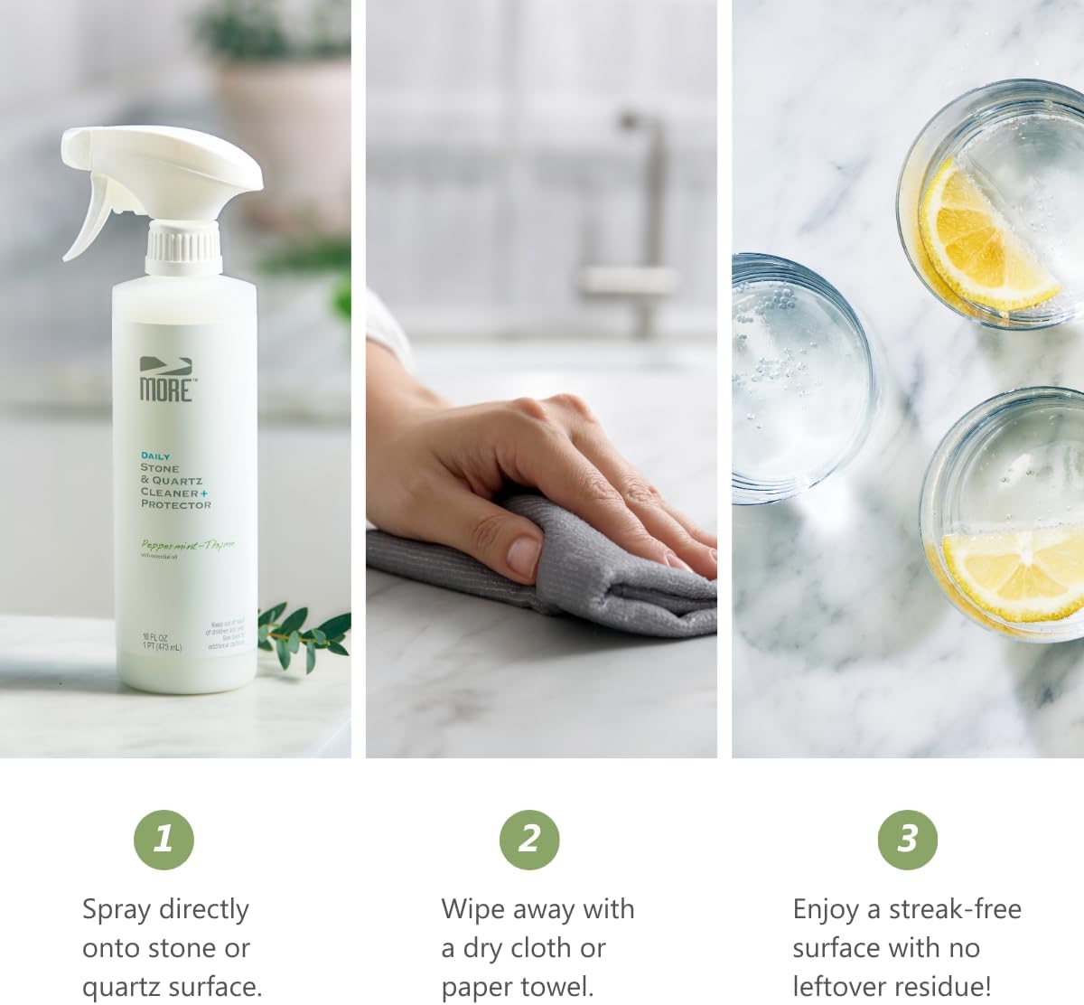 MORE Stone & Quartz Cleaner + Protector - Water Based Formula for Natural Stone and Quartz Surfaces (Pint 16 oz - Twin Pack)