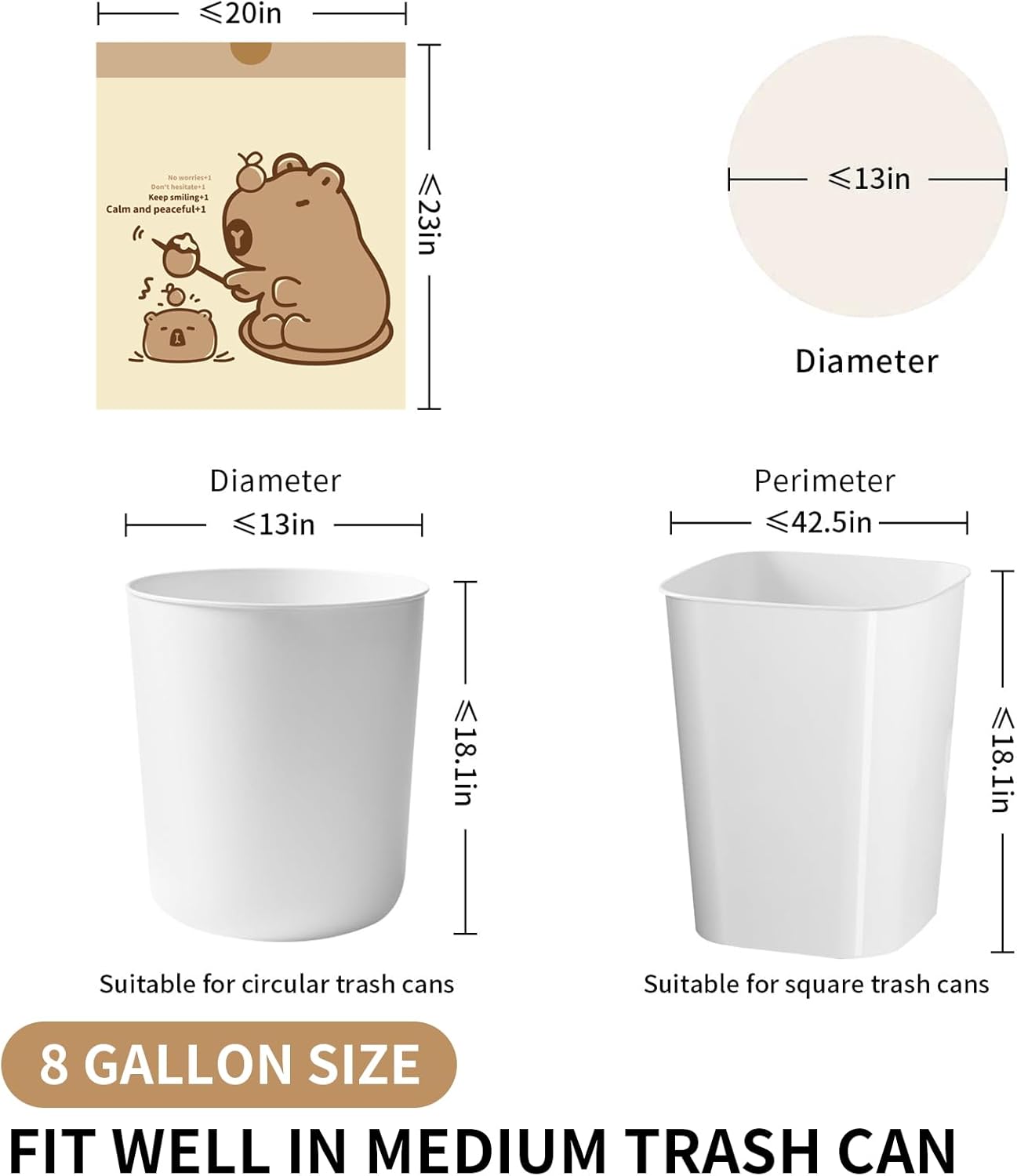 VOK 8 Gallon Trash Bags with Capybara Printed, Drawstring Medium Garbage Bags, Tear-Resistant & Leak-Proof Kitchen/Office Trash Can Liners, Trash Bags 8 Gallon with Secure Tie, 100 Counts