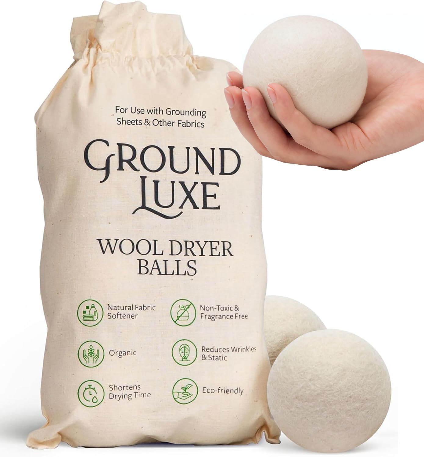 GroundLuxe Premium New Zealand Wool Dryer Balls - 6-Pack, 100% Organic, Hand-Felted, Reusable, Reduce Drying Time - Natural Fabric Softening, Wrinkle & Static Reduction
