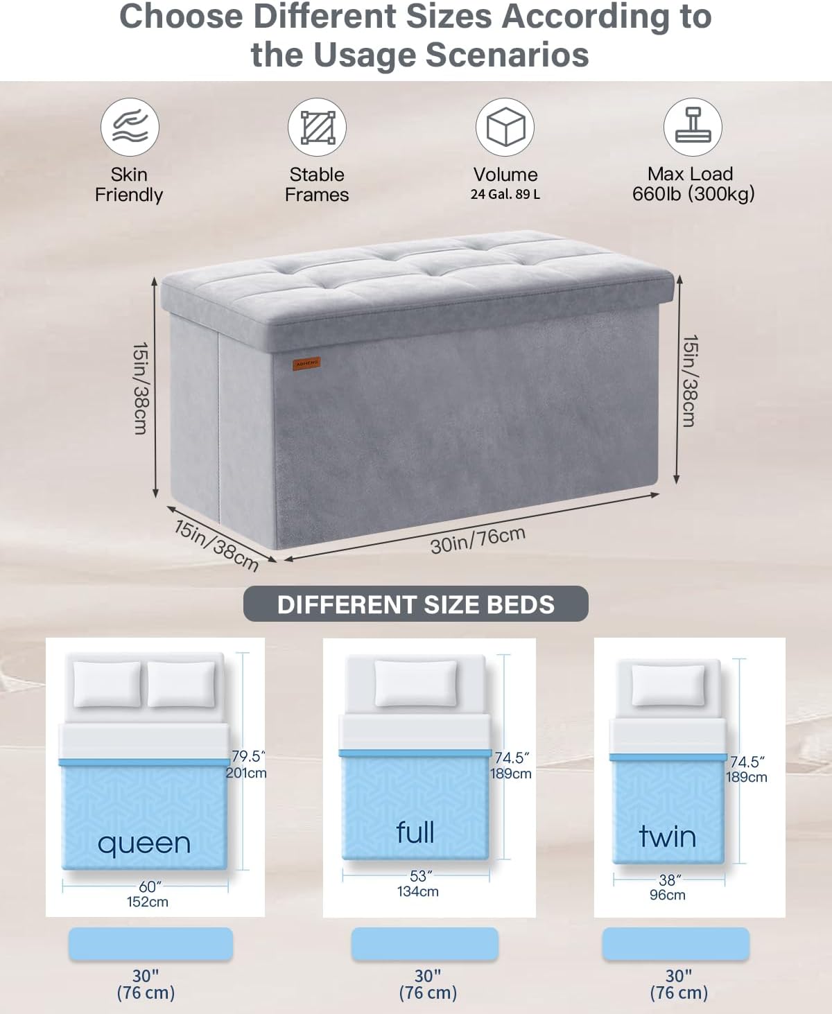 Folding Storage Ottoman, Velvet Storage Bench, Footrest, Removable Divider, for Living Room, Bedroom, 15 x 30 x 15 Inches, 660 lb Load Capacity, Dove Gray UASND01G