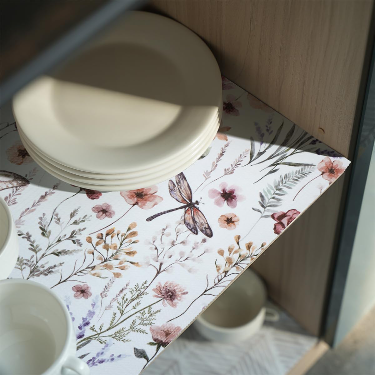 Floral Shelf and Drawer Liner for Kitchen Cabinets,12IN x 20FT Non-Adhesive and Strong Non-Slip Cabinet Drawer Liners for Kitchen Shelf, Waterproof Cupboard Liners,Easy to Clean