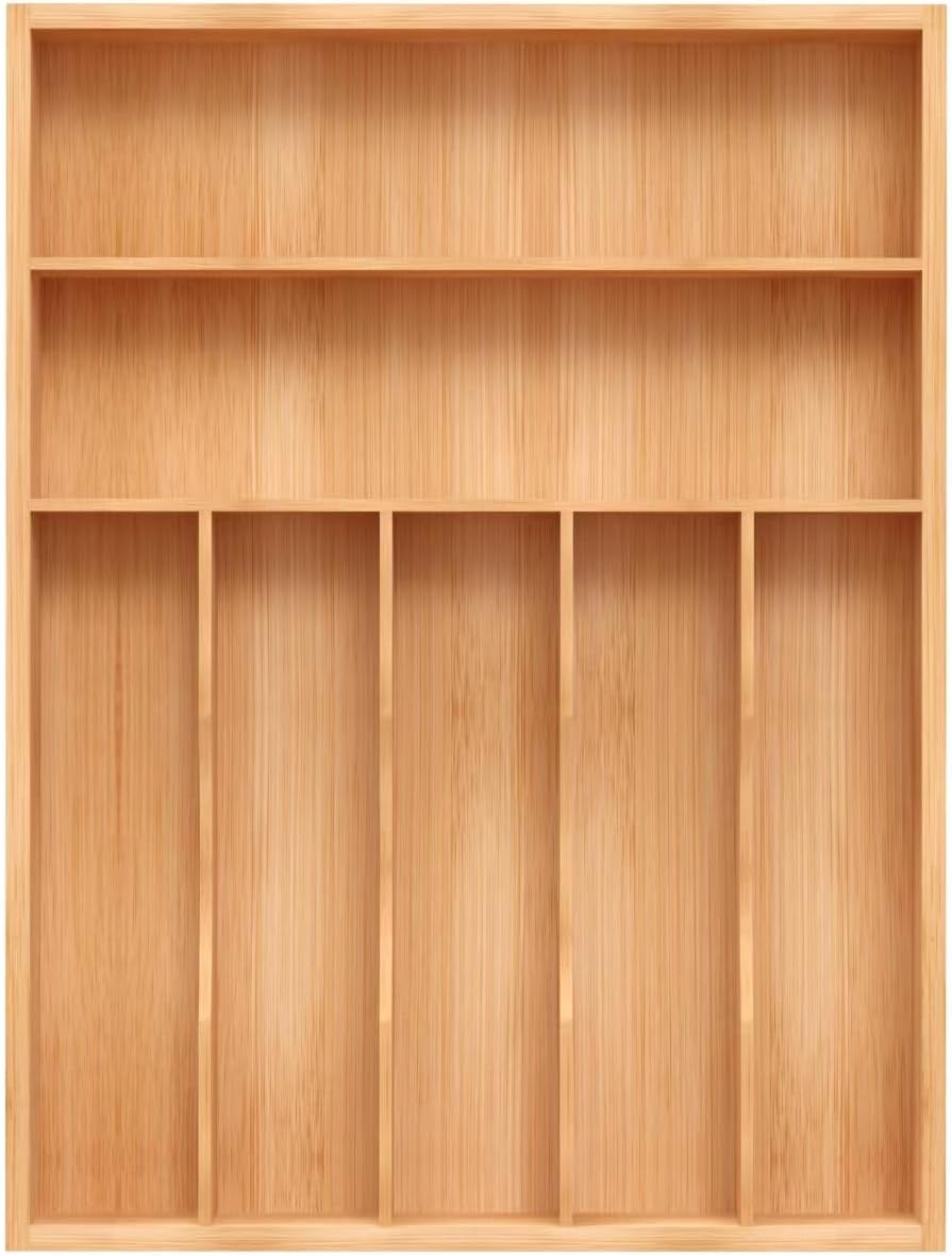 Bamboo Utensil Drawer Organizer, Silverware Tray Organizer, Kitchen Drawer Organizer for Flatware Cutlery, Silverware Tray for Drawer (brown, Large 16.5x12.3 Inch)