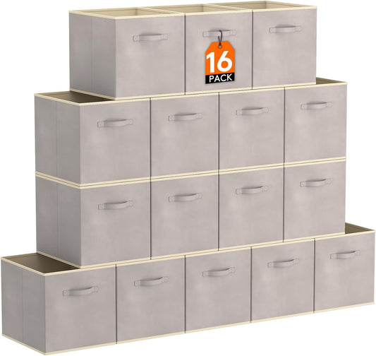Lifewit 16 Packs Storage Cubes, 11 Inch Cube Storage Bins, Foldable Decorative Fabric Storage Baskets for Organizing Home Organizers with Handles for Shelves, Closet, Light Gray