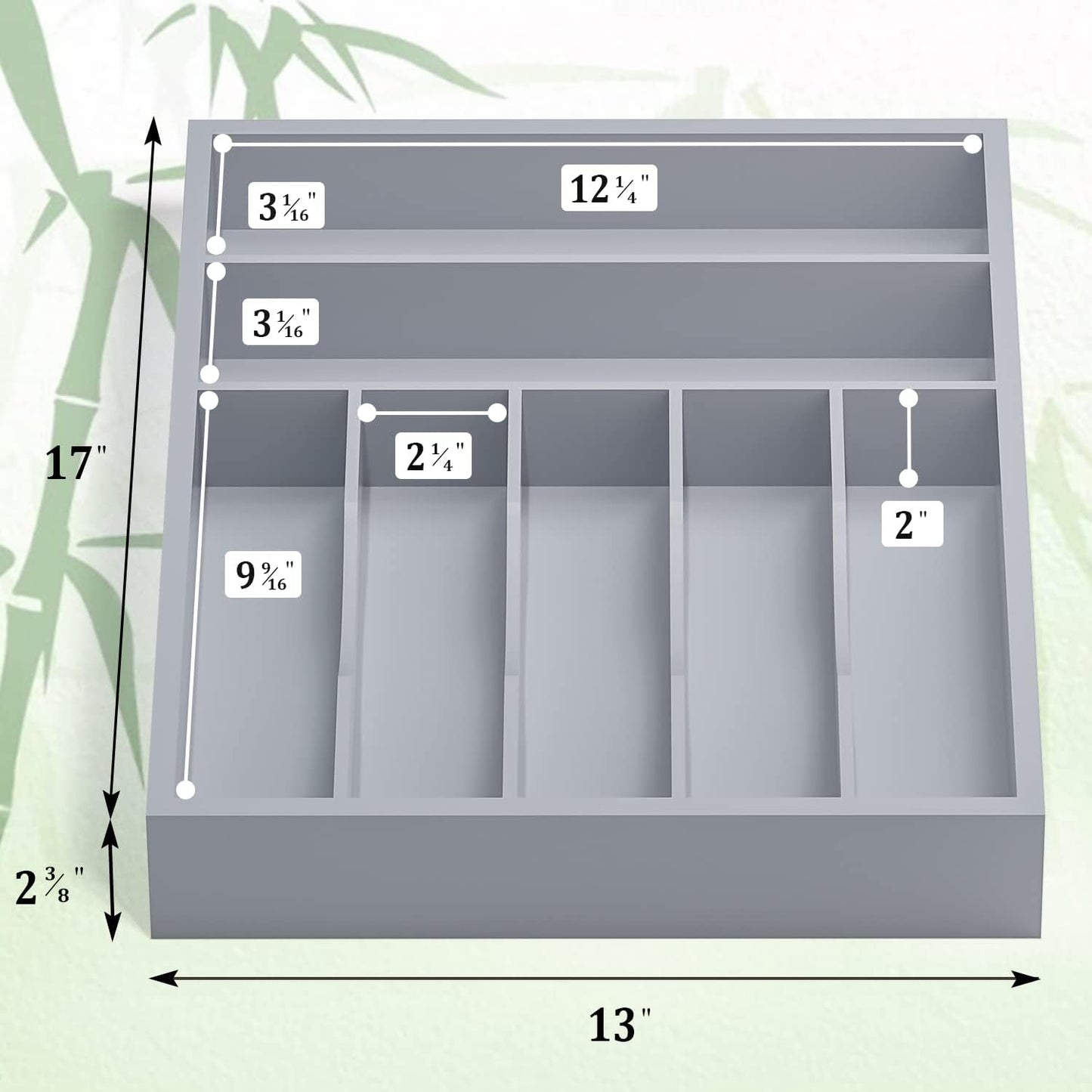 Utensil Organizer Silverware Drawer Organizer - 7 Slots Bamboo Utensil Tray Multifunctional Small Silverware Organizer for Kitchen Utensils, Garage Tools, Makeup Storage W13”x L17” (Grey)