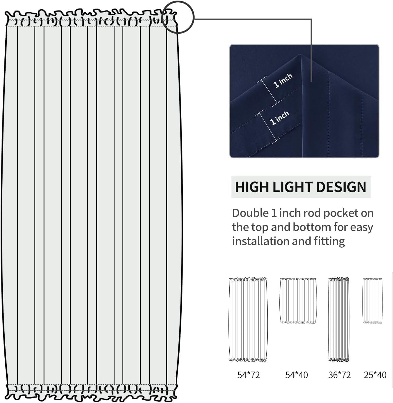 DWCN French Door Curtains – Rod Pocket Thermal Blackout Curtain for Doors with Glass Window, Kitchen and Patio Doors for Privacy, 36 X 72 Inches Long, 1 Curtain Panel with Tieback,Navy Blue
