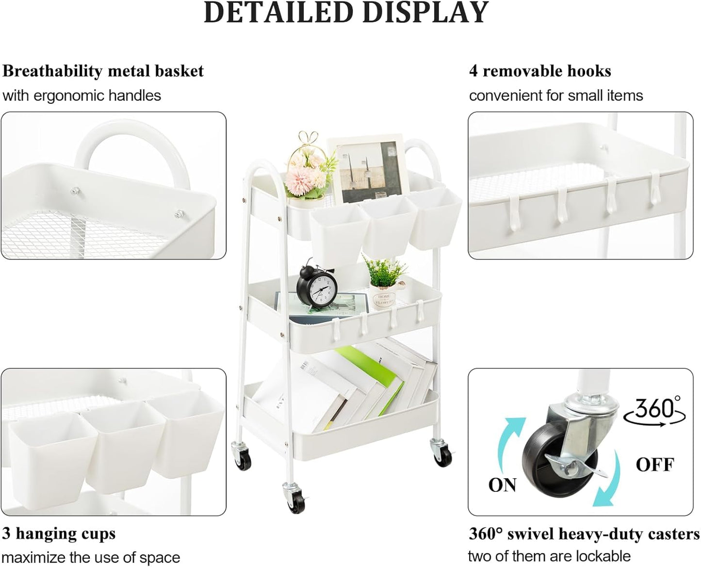 danpinera 3-Tier Rolling Cart, Metal Rolling Storage Cart with Lockable Wheels & Hanging Cups & Hooks, Mobile Trolley Cart for Kitchen, Bathroom, Office, Workshop, White