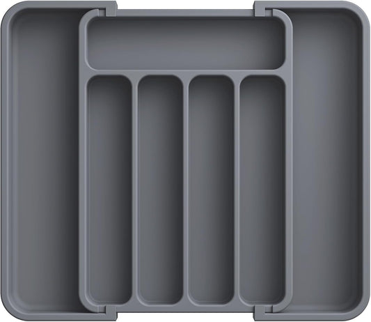 Aujen Silverware Organizer - Expandable Kitchen Drawer Organizer, Adjustable Utensil Organizer, Cutlery Tray for Forks, Knives, Multipurpose Kitchen Organizers and Storage Solution, Grey, Medium