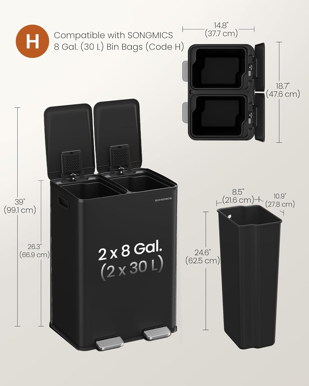 SONGMICS Trash Can, 2 x 8 Gallon (2 x 30 L) Dual-Compartment Garbage Can with Soft-Close Lid, Pedal and Inner Buckets, Stainless Steel, Includes 15 Liner Bags, Ink Black ULTB741B01