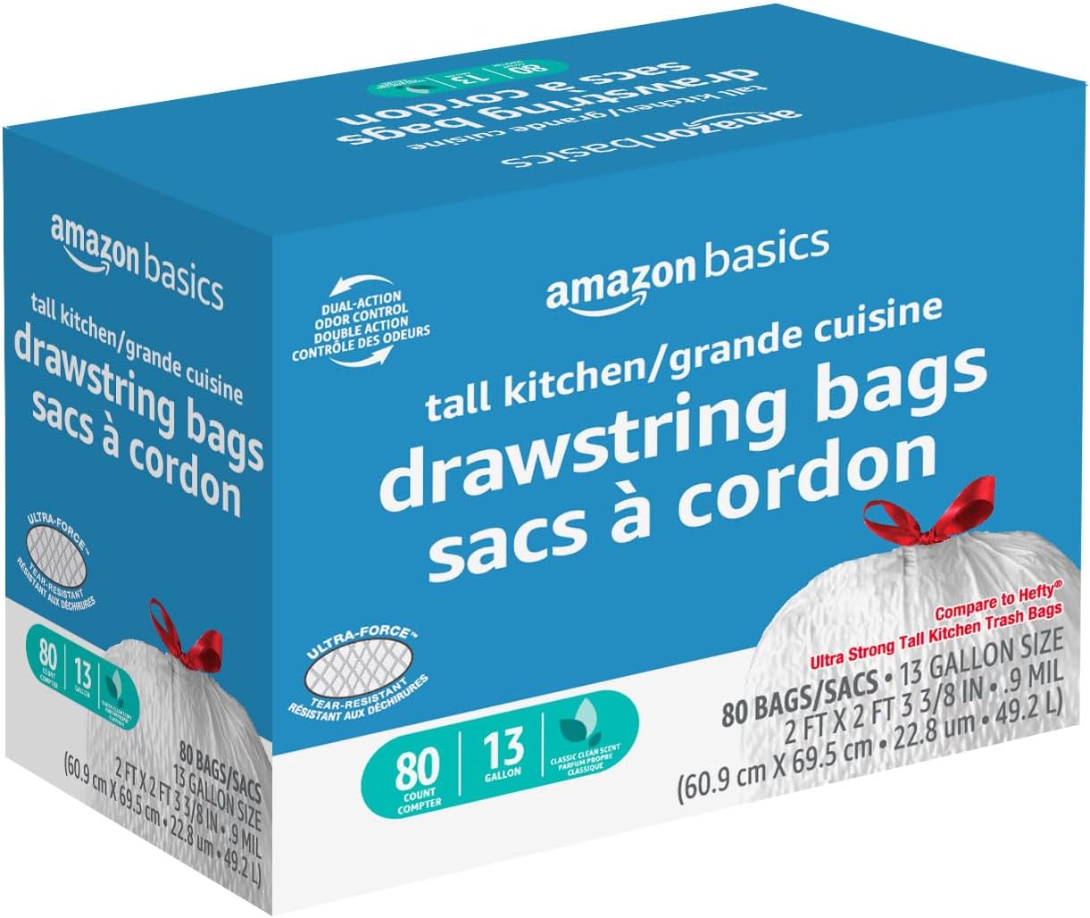 Amazon Basics Ultra-Force Tall Kitchen Drawstring Trash Bags, Classic Clean Scented, 13 Gallon, 80 Count, Pack of 1