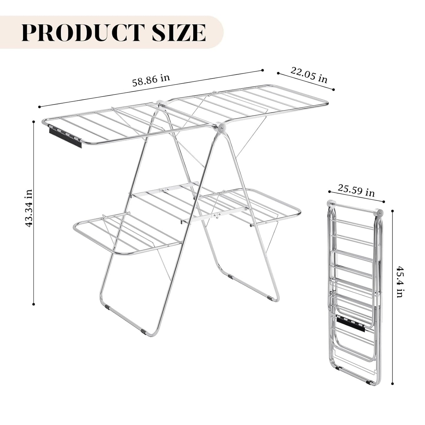 APEXCHASER Clothes Drying Rack with 4 Wings, Stainless Steel Drying Rack Clothing with Sock Clips, Metal Connectors, Height-Adjustable, Foldable Laundry Drying Rack, Indoor Outdoor Use, No Assembly