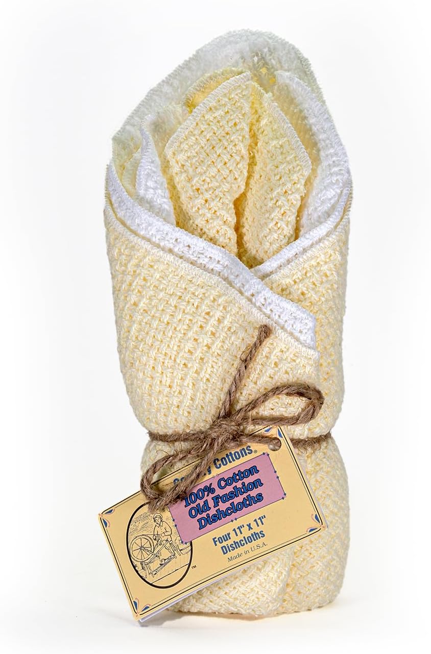 Old Fashion 100% Cotton Dishcloths - Set of 4 Mixed Colors - 2 Yellow/2 White -11" x 11"