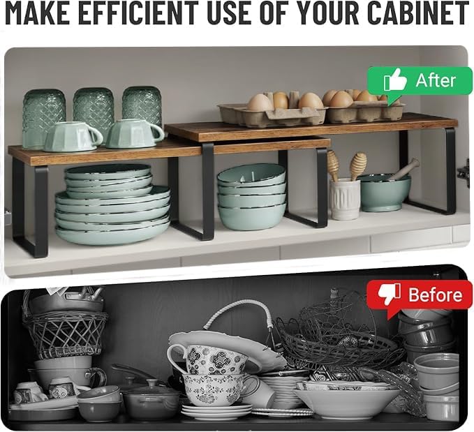 Cabinet Organizer Shelf, Kitchen Counter Storage, 2-Piece Set, Stackable Spice Rack, Metal and Wood (Black and Rustic Brown)