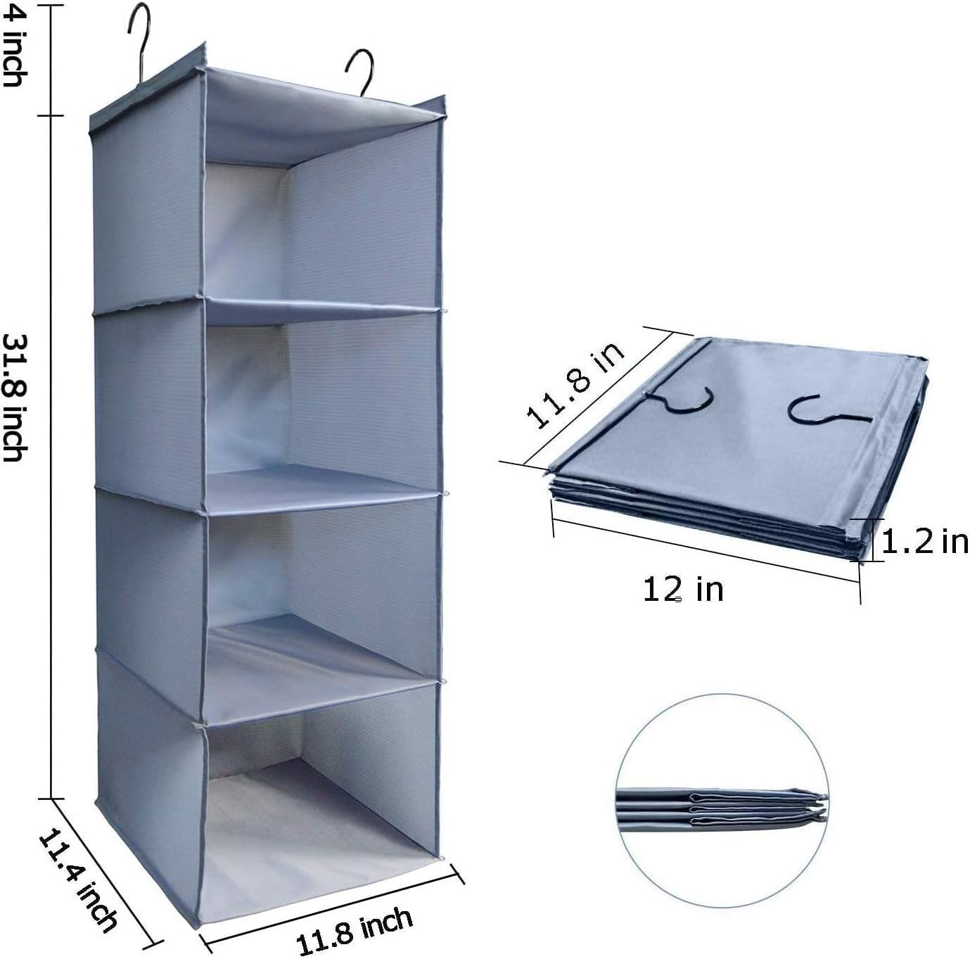 Hanging Closet Organizer, Easy Mount Foldable 4-Shelf Hanging Closet Wardrobe Storage Shelves, Clothes Handbag Shoes Accessories Storage, Washable Oxford Cloth Fabric, Gray